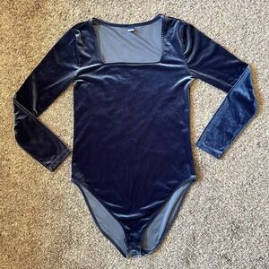 Old‎ Navy Bodysuit Women's L Blue Velvet Square Neck Long Sleeve Leotard